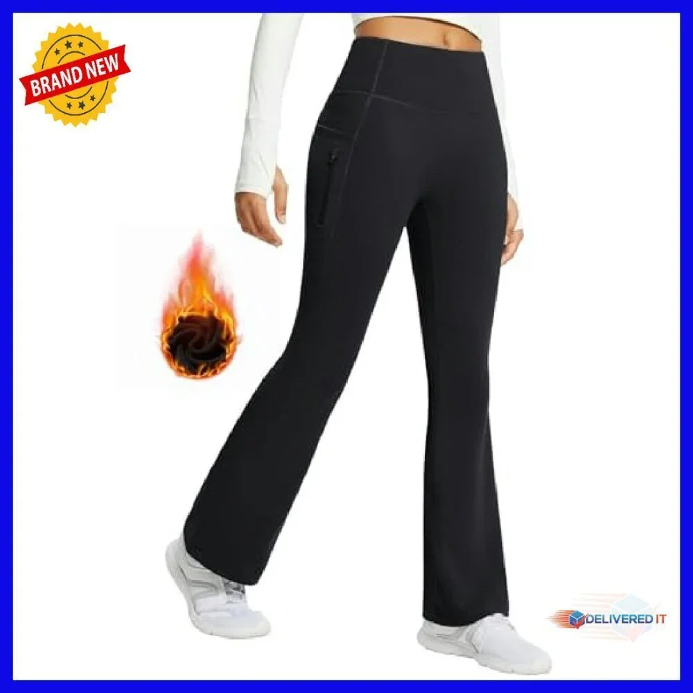Fleece Lined Thermal Yoga Pants with Pockets, High Waist Flare Leggings
